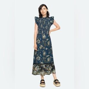 Sea New York Pascale Dark Romantic Florals Smocked 100% Cotton Ruffle Midi Dress